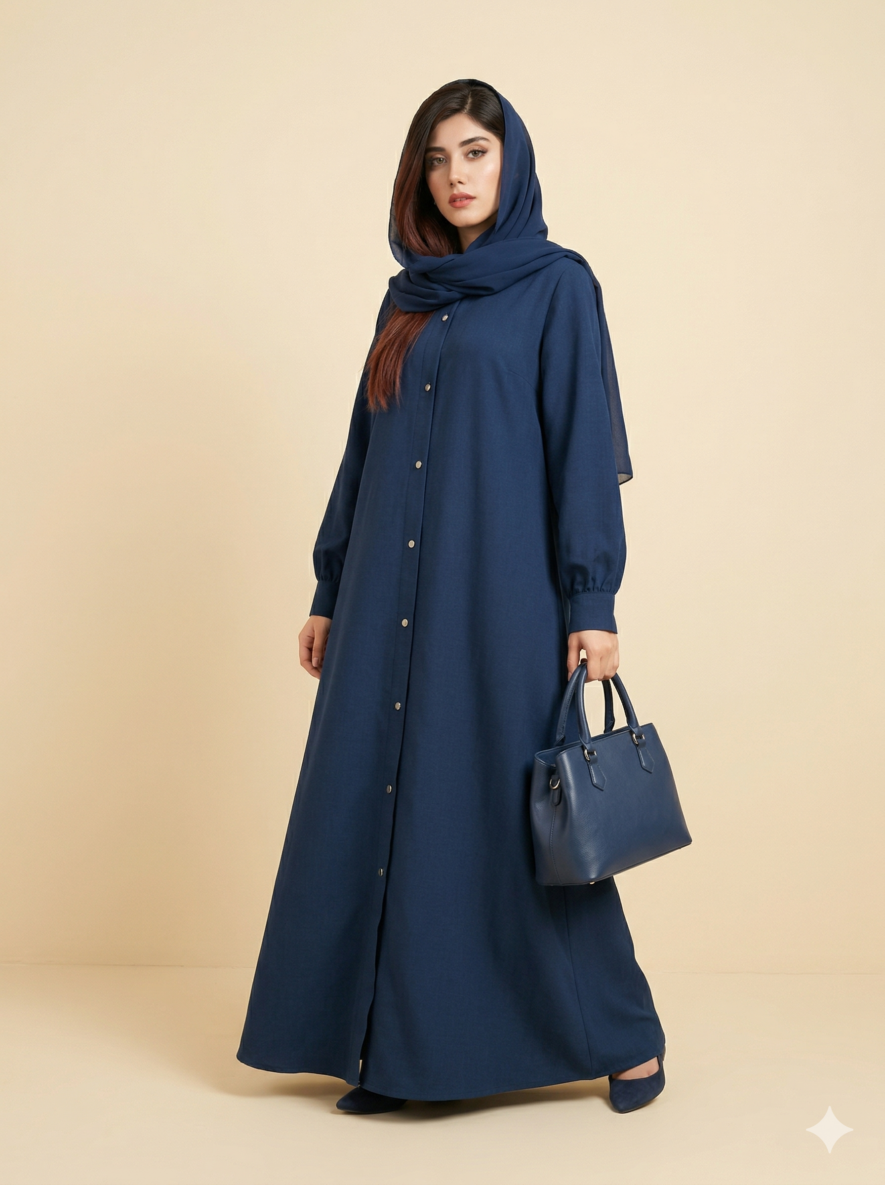 Navy Blue Button-Down Cotton Abaya Side View
