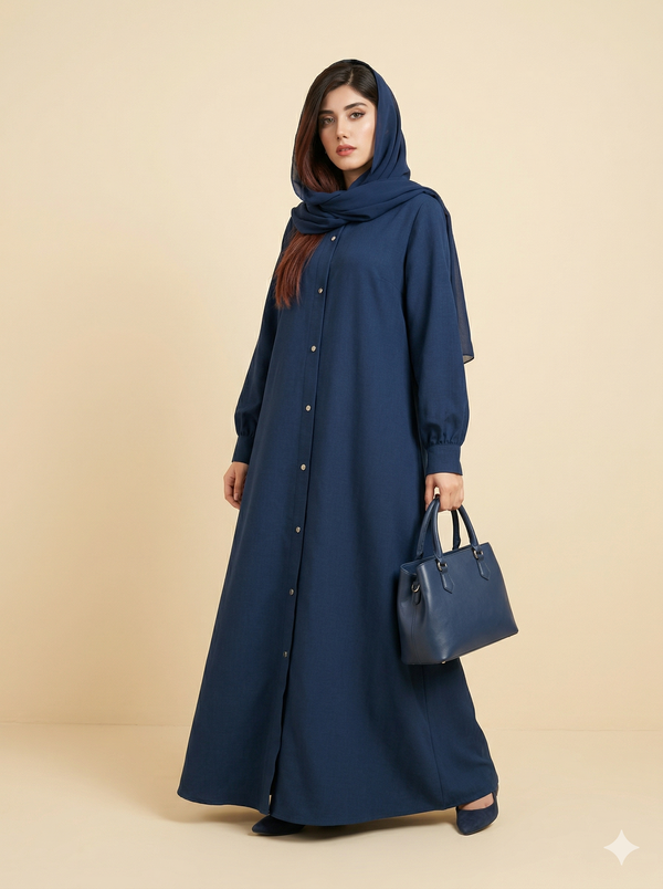 Navy Blue Button-Down Cotton Abaya Side View