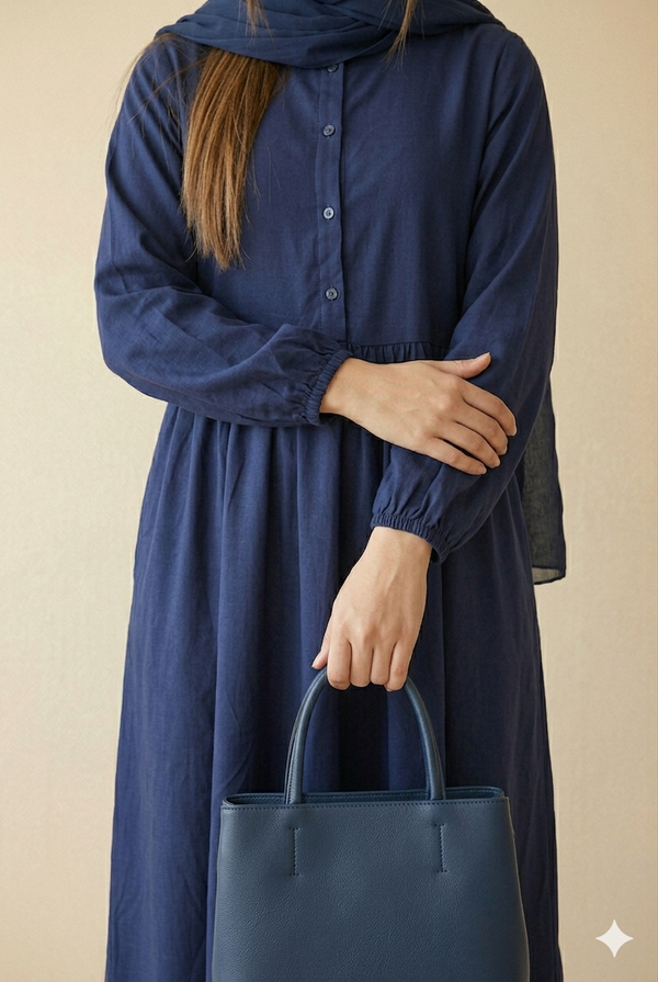 Navy Blue Gathered Waist Closed Abaya Close View