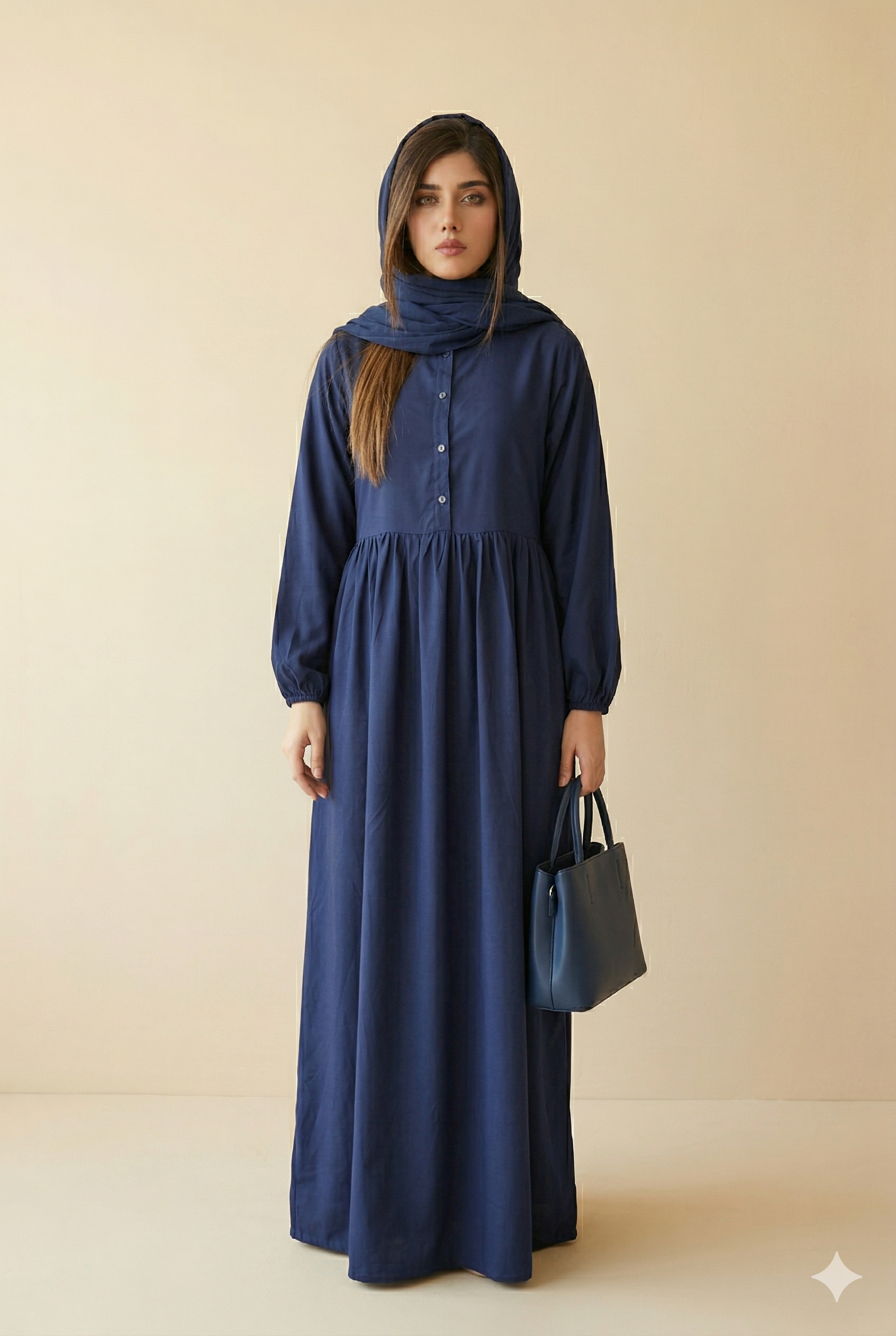 Navy Blue Gathered Waist Closed Abaya Front View