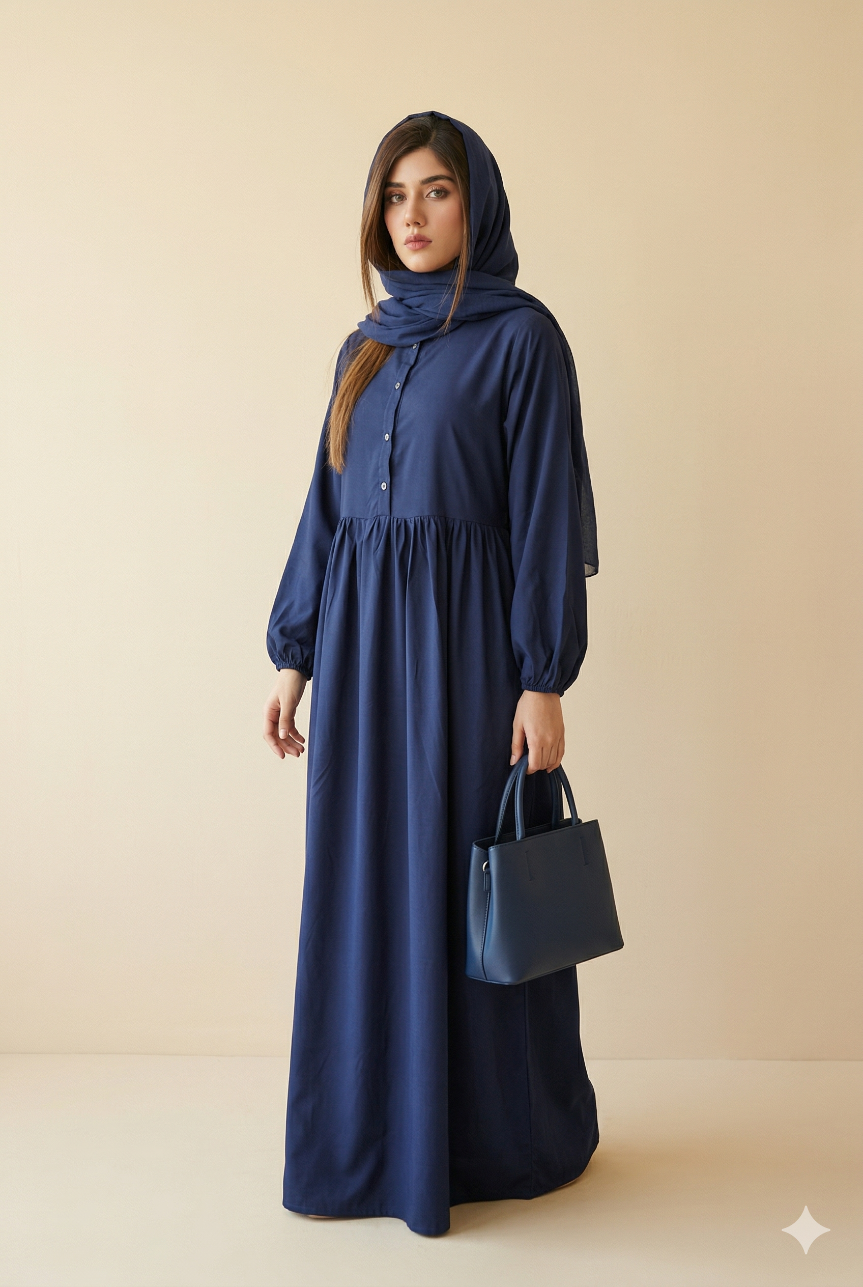 Navy Blue Gathered Waist Closed Abaya Side View