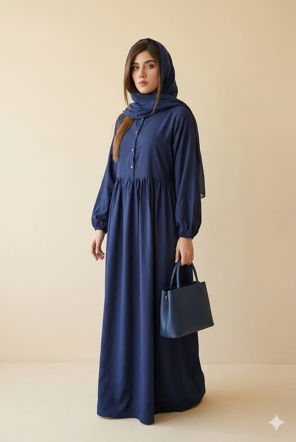 Navy Blue Gathered Waist Closed Abaya Side View