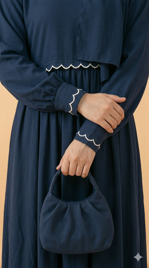 Navy Blue Scallop Trim Cape Style Abaya Close View