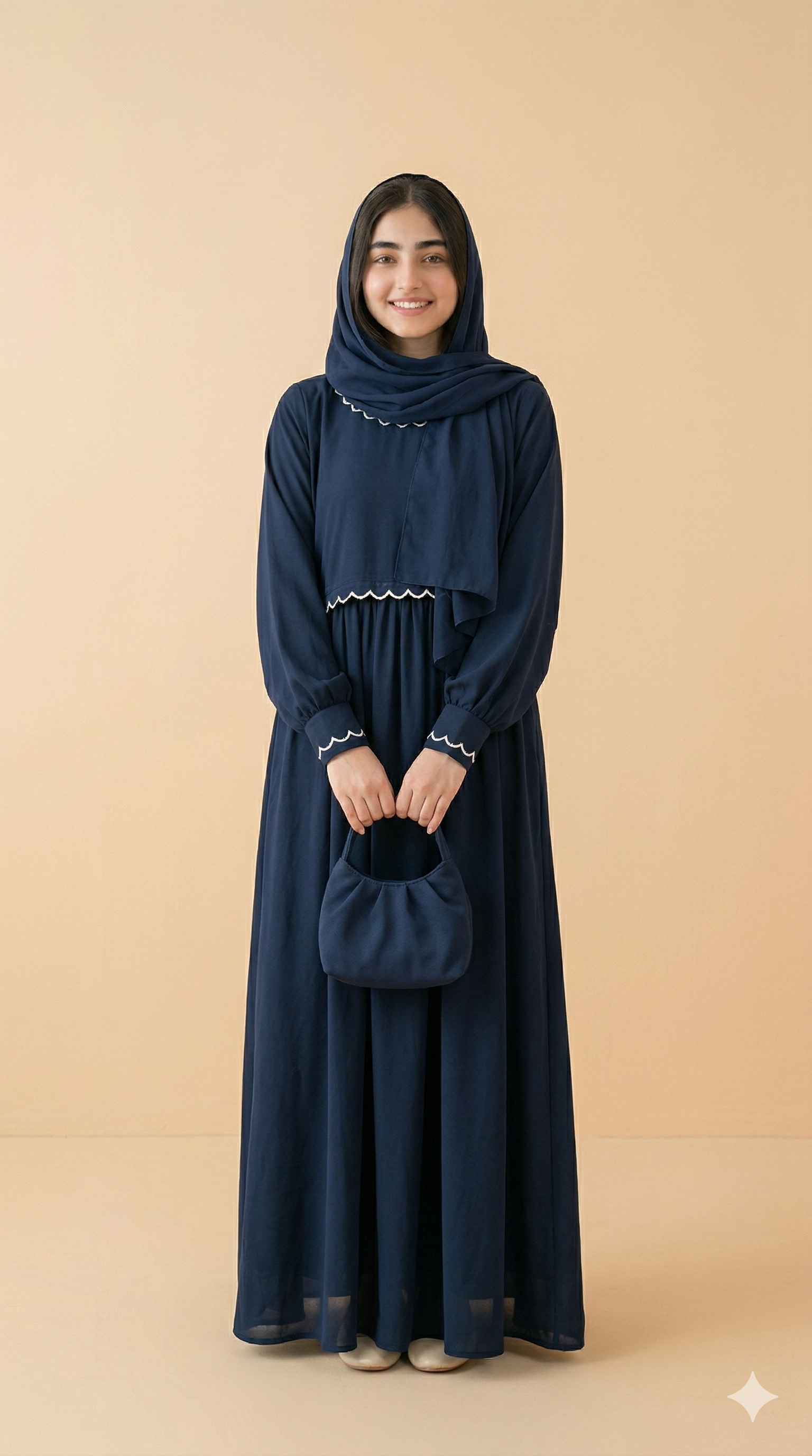 Navy Blue Scallop Trim Cape Style Abaya Front View