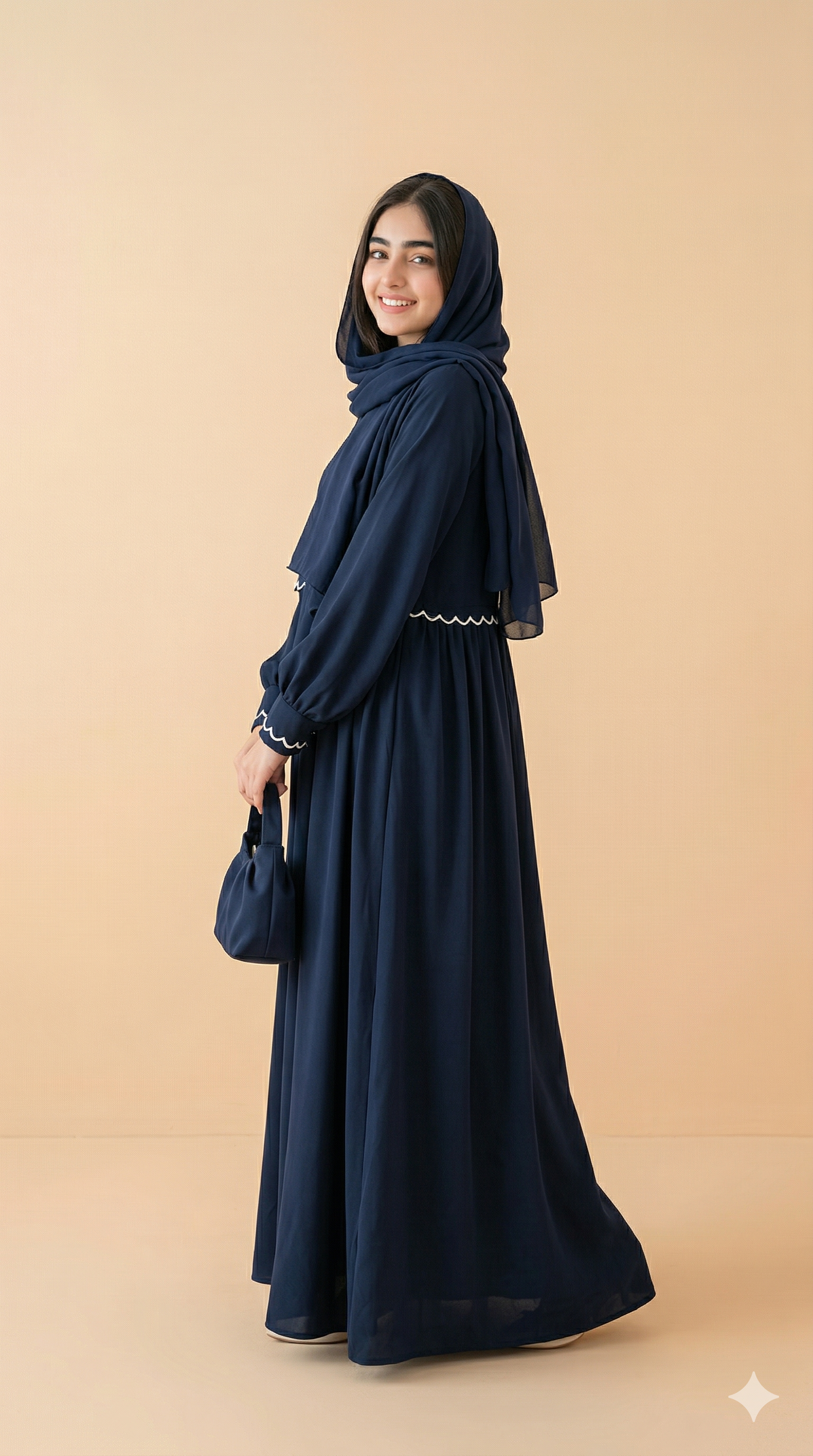 Navy Blue Scallop Trim Cape Style Abaya Side View