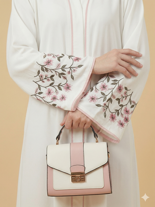 Off White Floral Sleeve Embroidered Open Abaya Close View