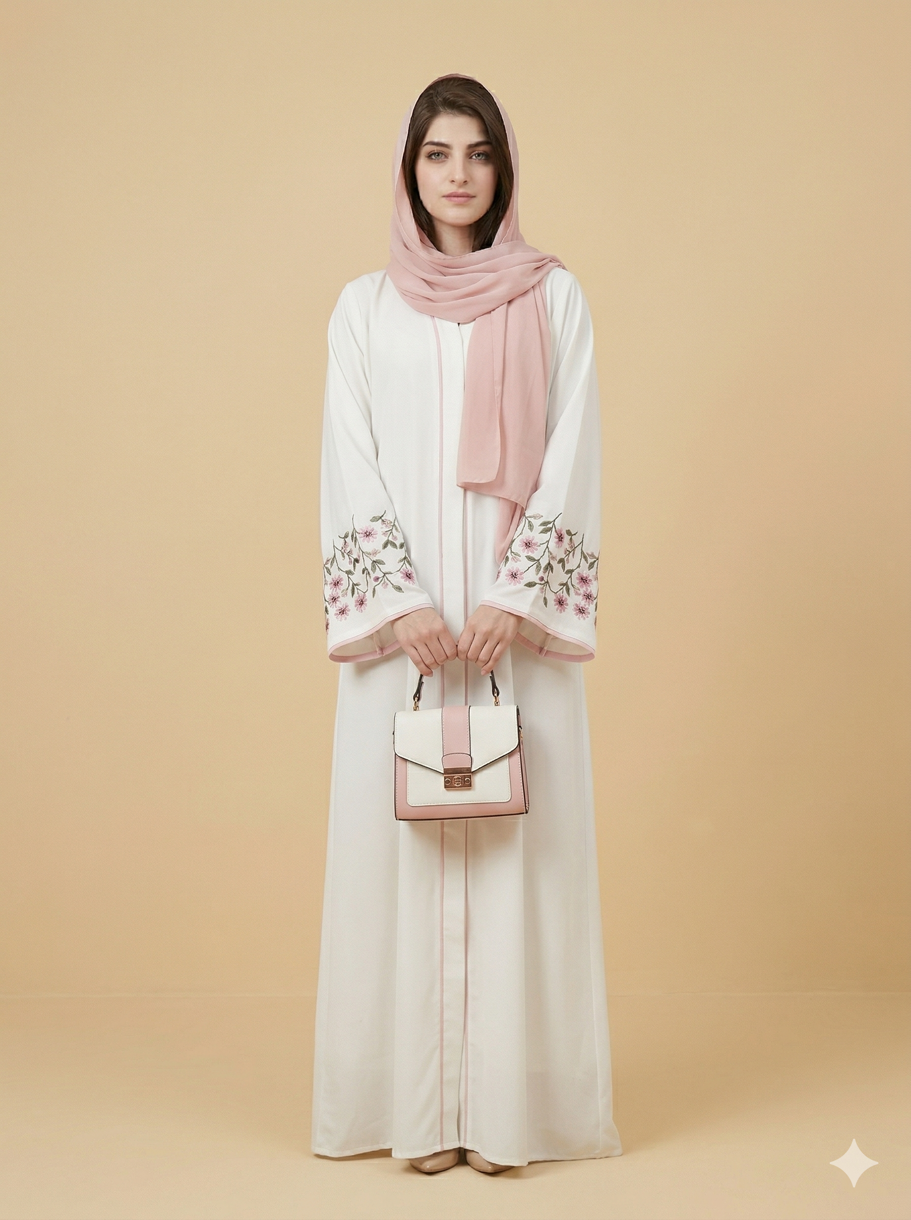 Off White Floral Sleeve Embroidered Open Abaya Front View  