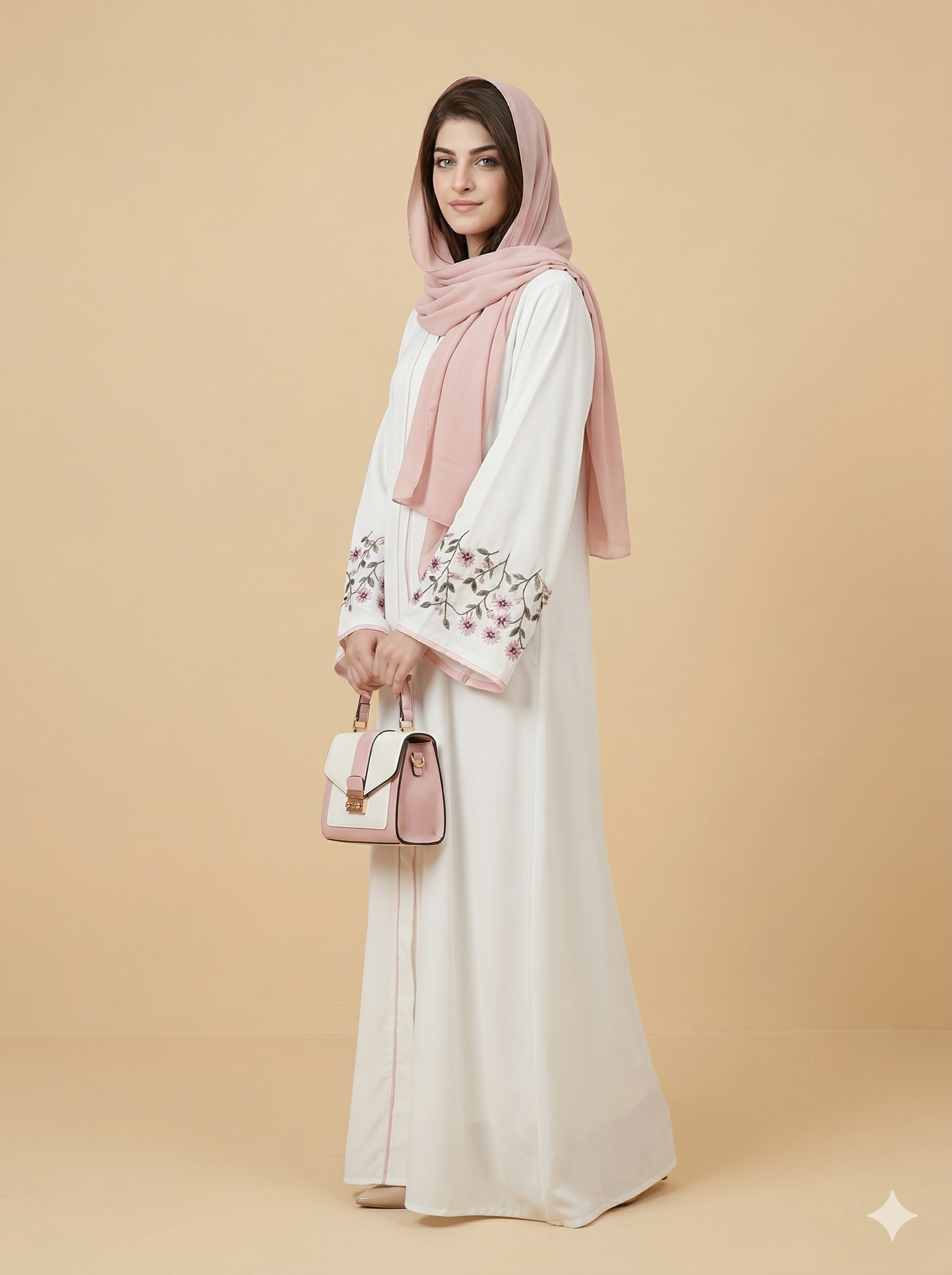 Off White Floral Sleeve Embroidered Open Abaya Side View  