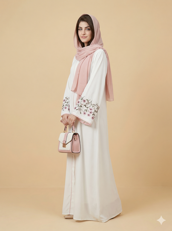 Off White Floral Sleeve Embroidered Open Abaya Side View  