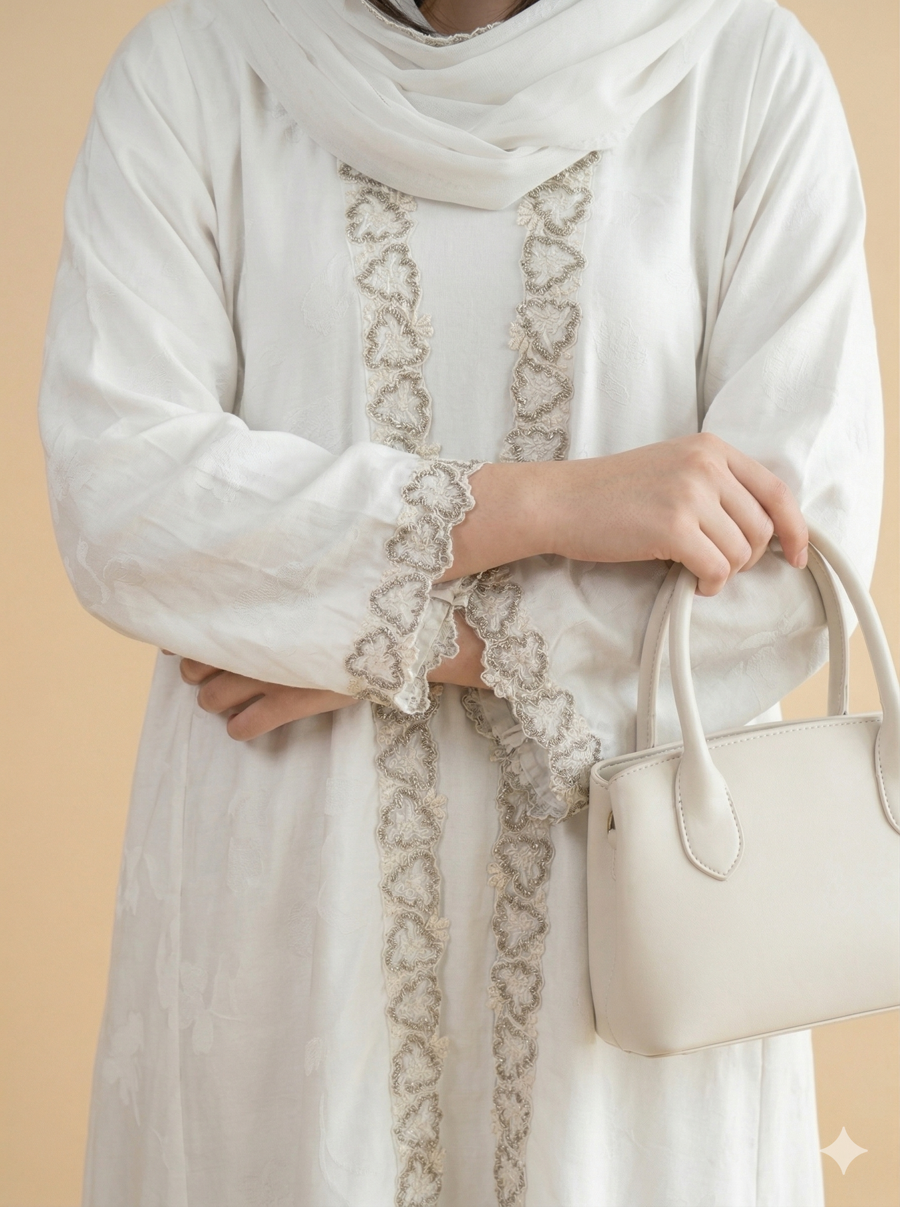 Off White Gold Chain Embroidered Closed Abaya Close View