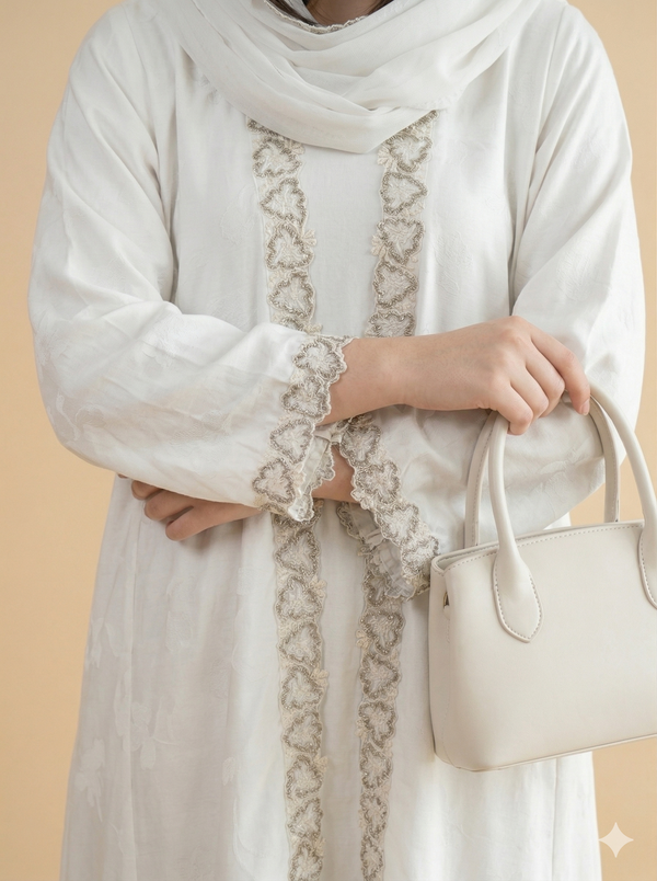Off White Gold Chain Embroidered Closed Abaya Close View