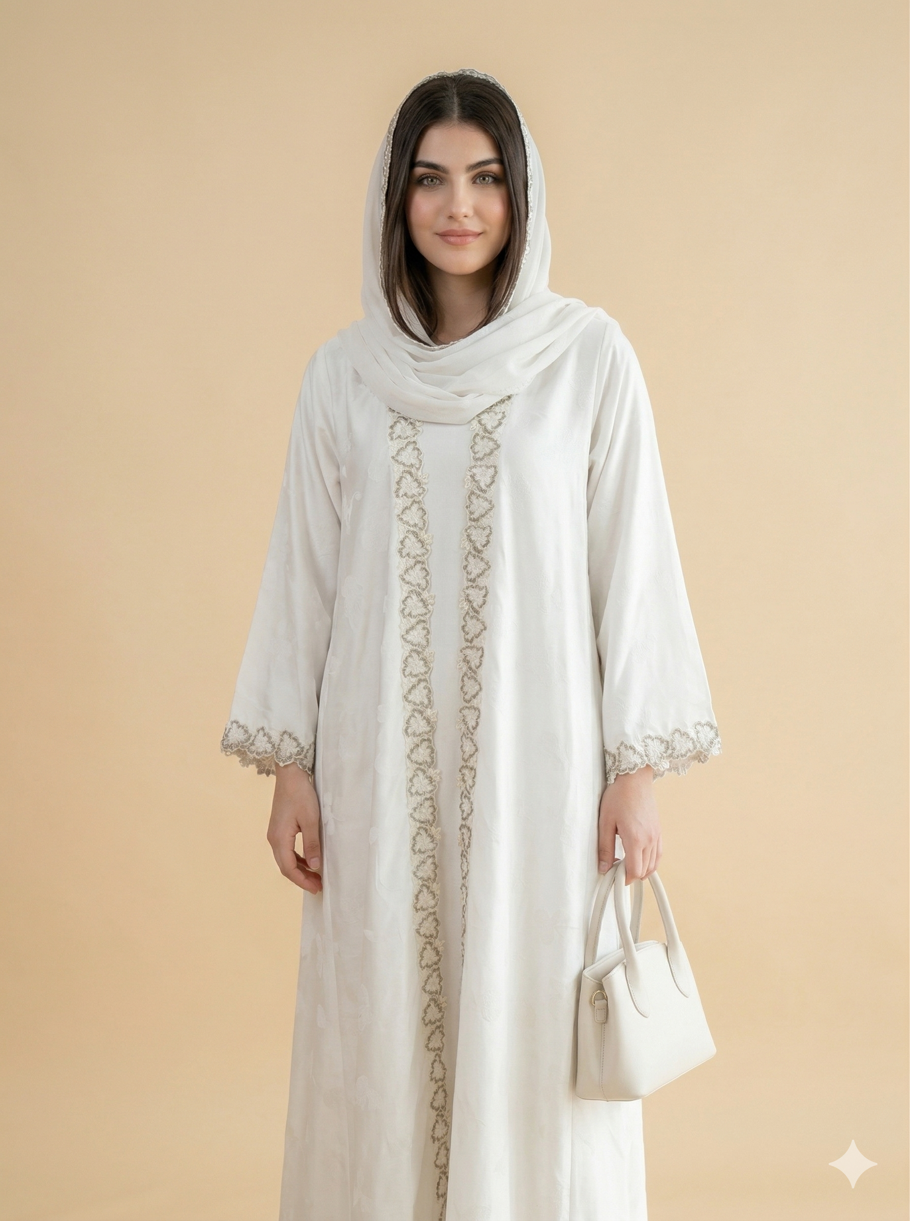 Off White Gold Chain Embroidered Closed Abaya Front View