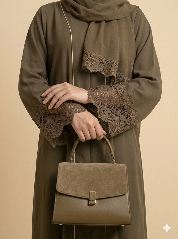 Olive Green Lace Cuff Open Abaya Close View