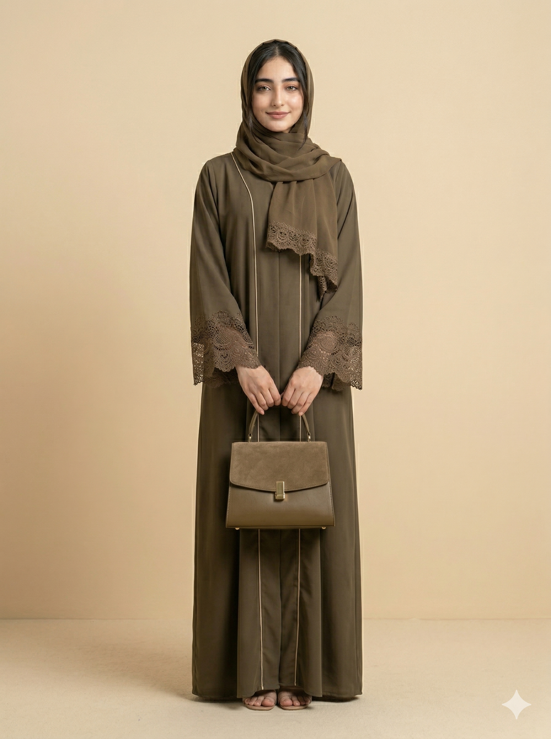 Olive Green Lace Cuff Open Abaya Front View