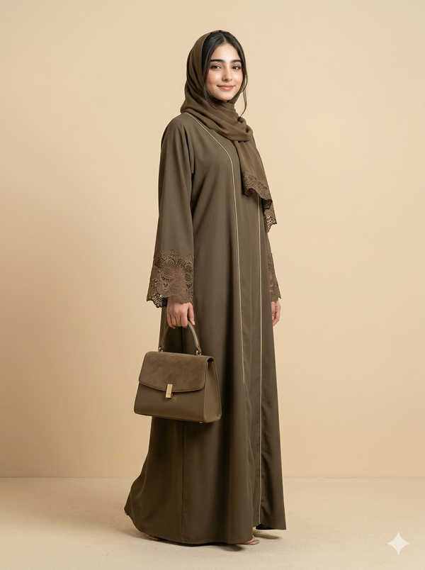 Olive Green Lace Cuff Open Abaya Side View