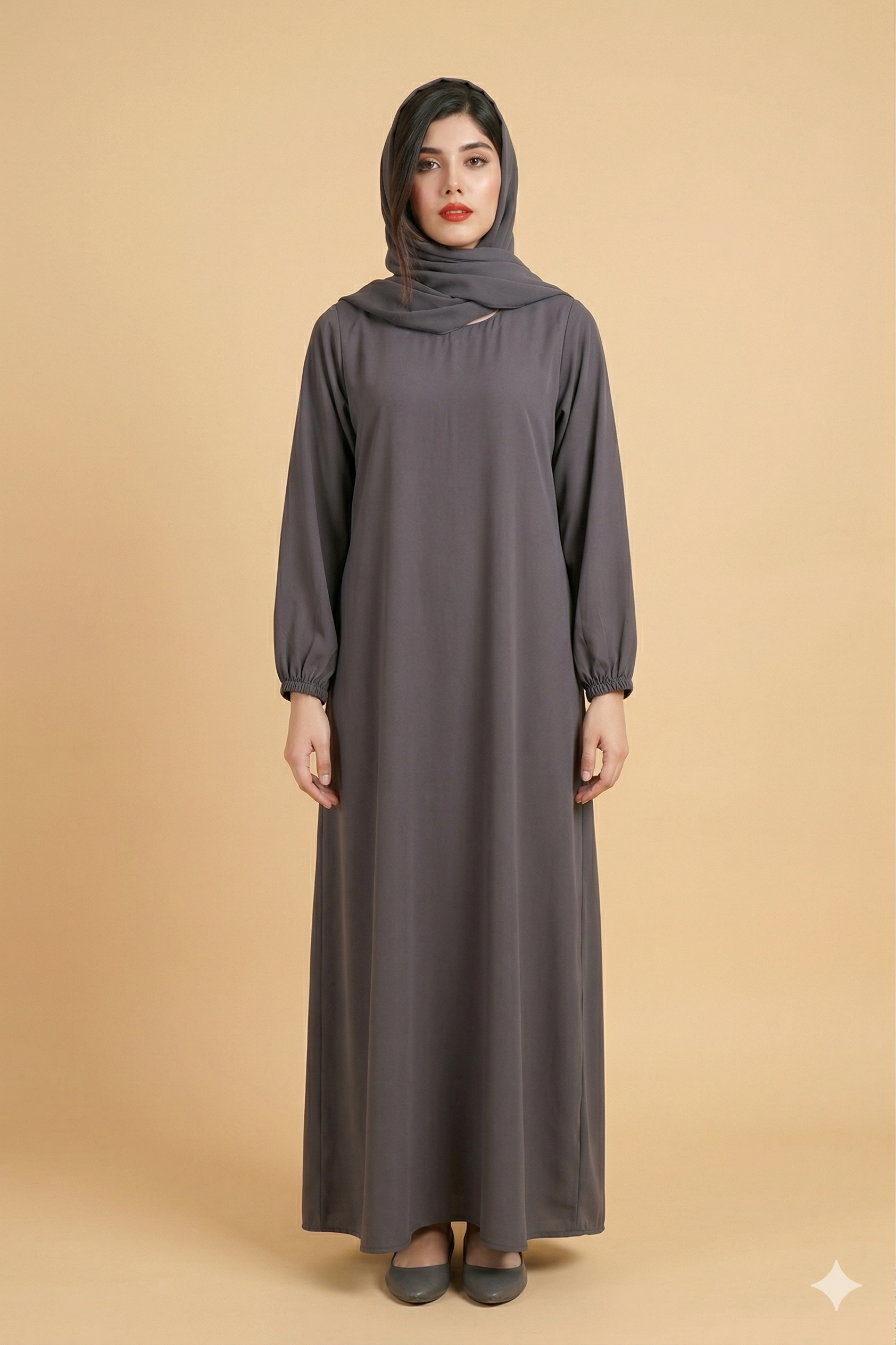 Slate Grey Closed Abaya with Elasticated Cuffs Front View