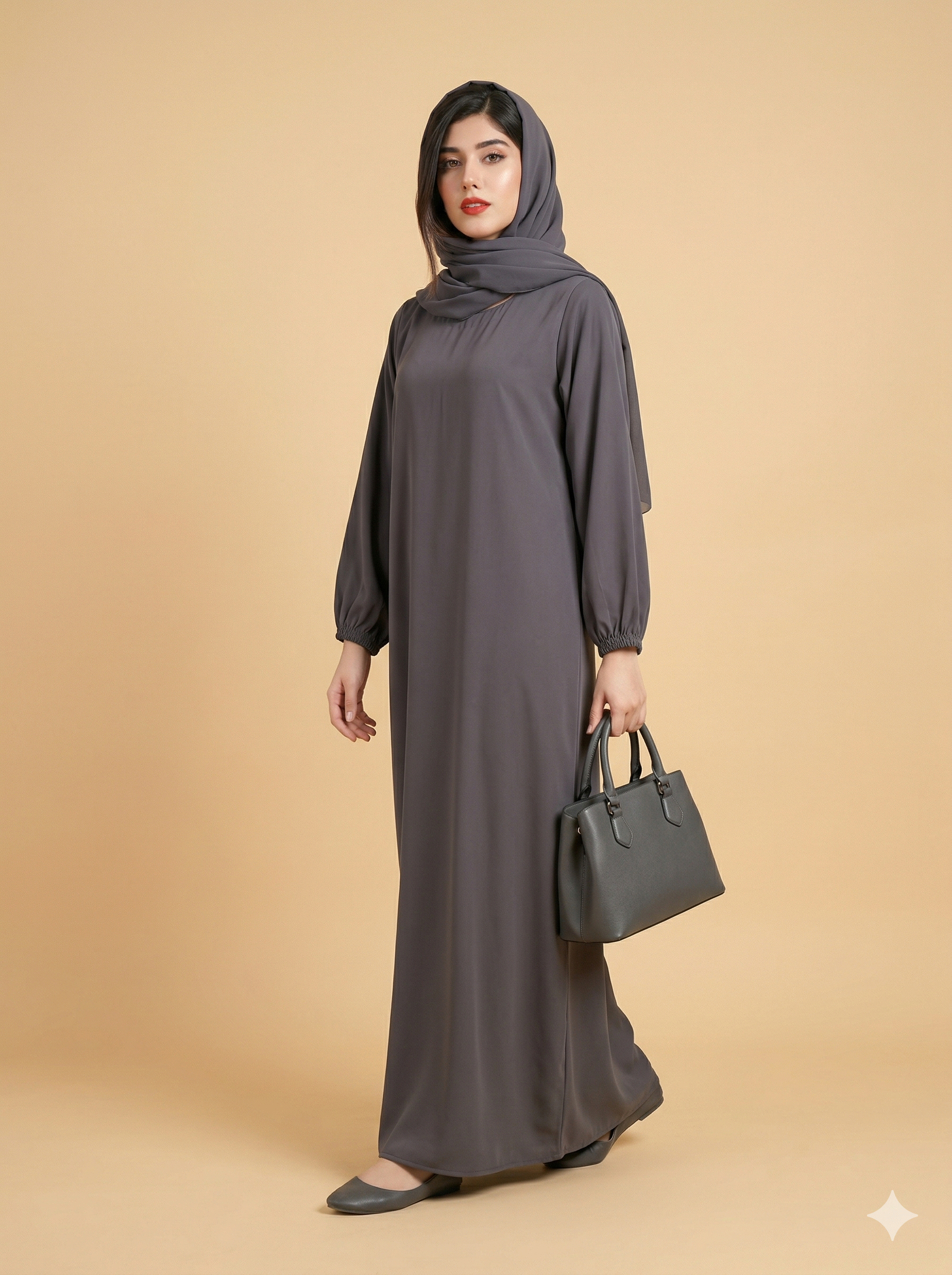 Slate Grey Closed Abaya with Elasticated Cuffs Side View
