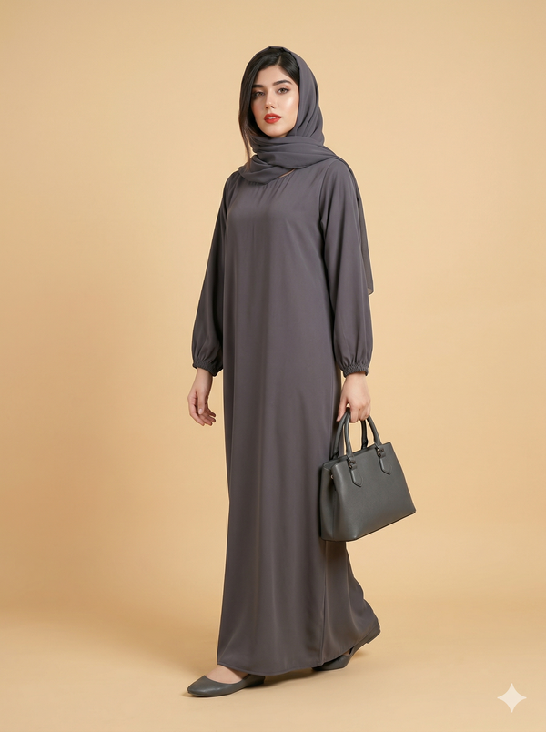 Slate Grey Closed Abaya with Elasticated Cuffs Side View