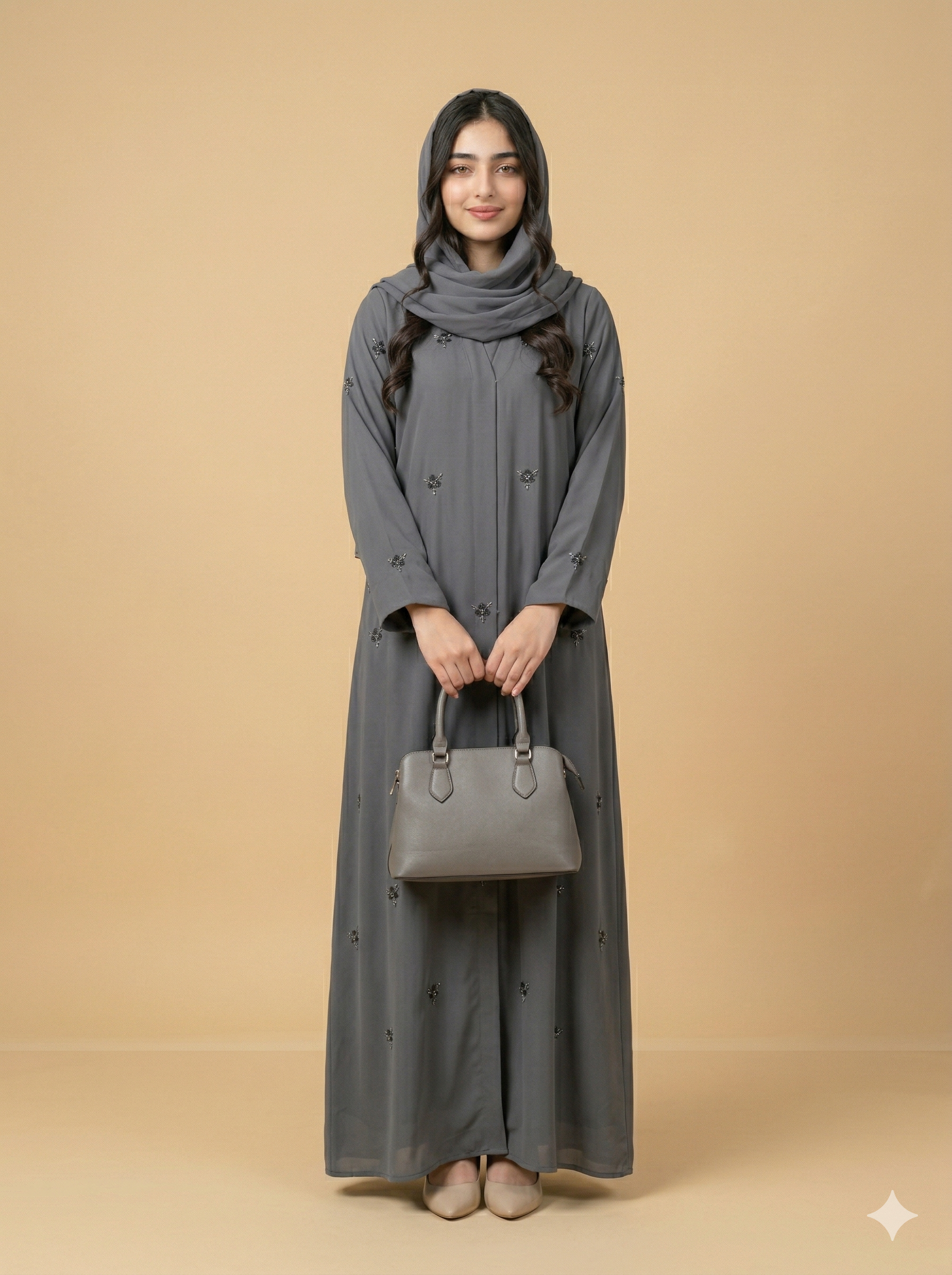 Slate Grey Floral Stone Embellished Open Abaya Front View