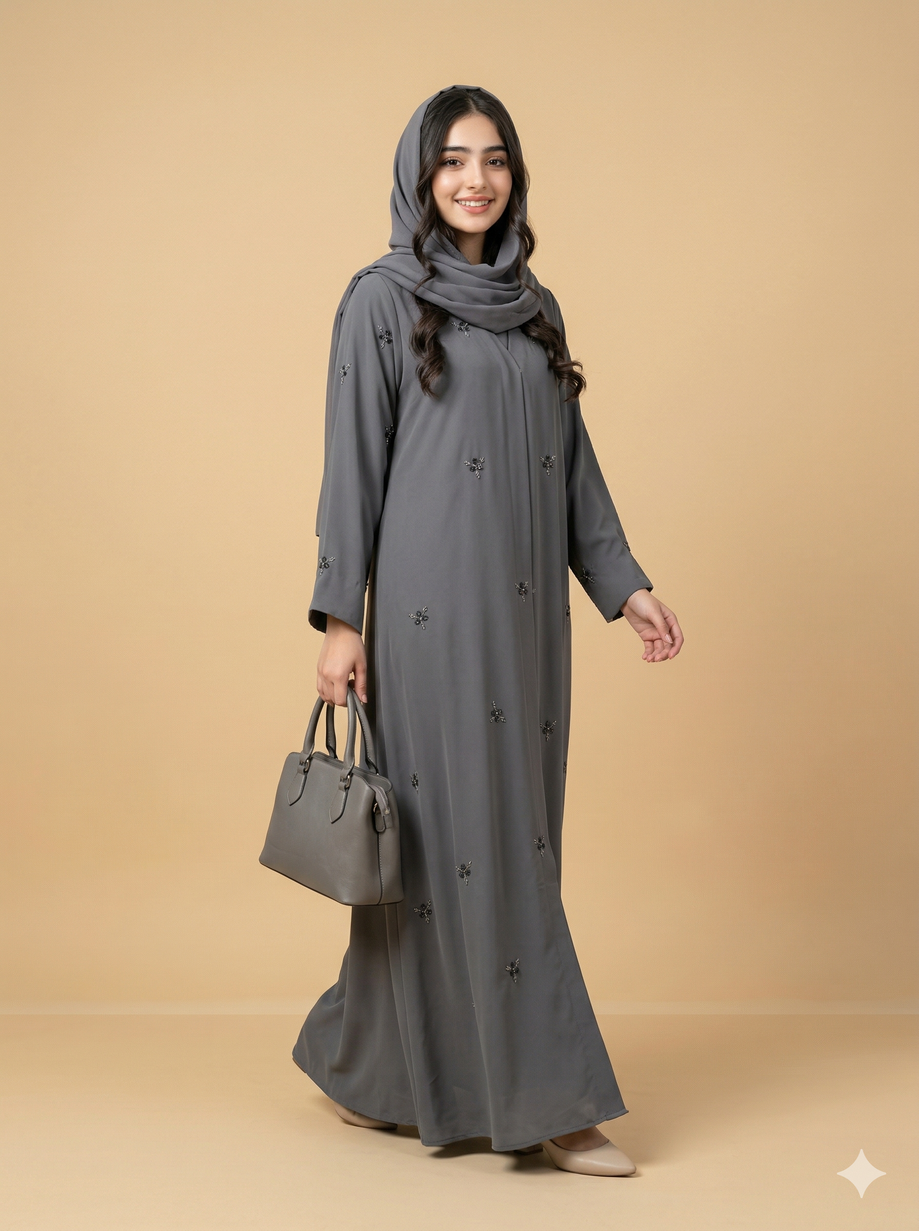 Slate Grey Floral Stone Embellished Open Abaya Side View
