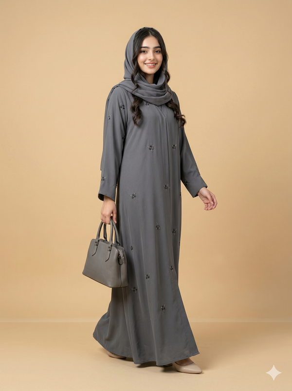 Slate Grey Floral Stone Embellished Open Abaya Side View
