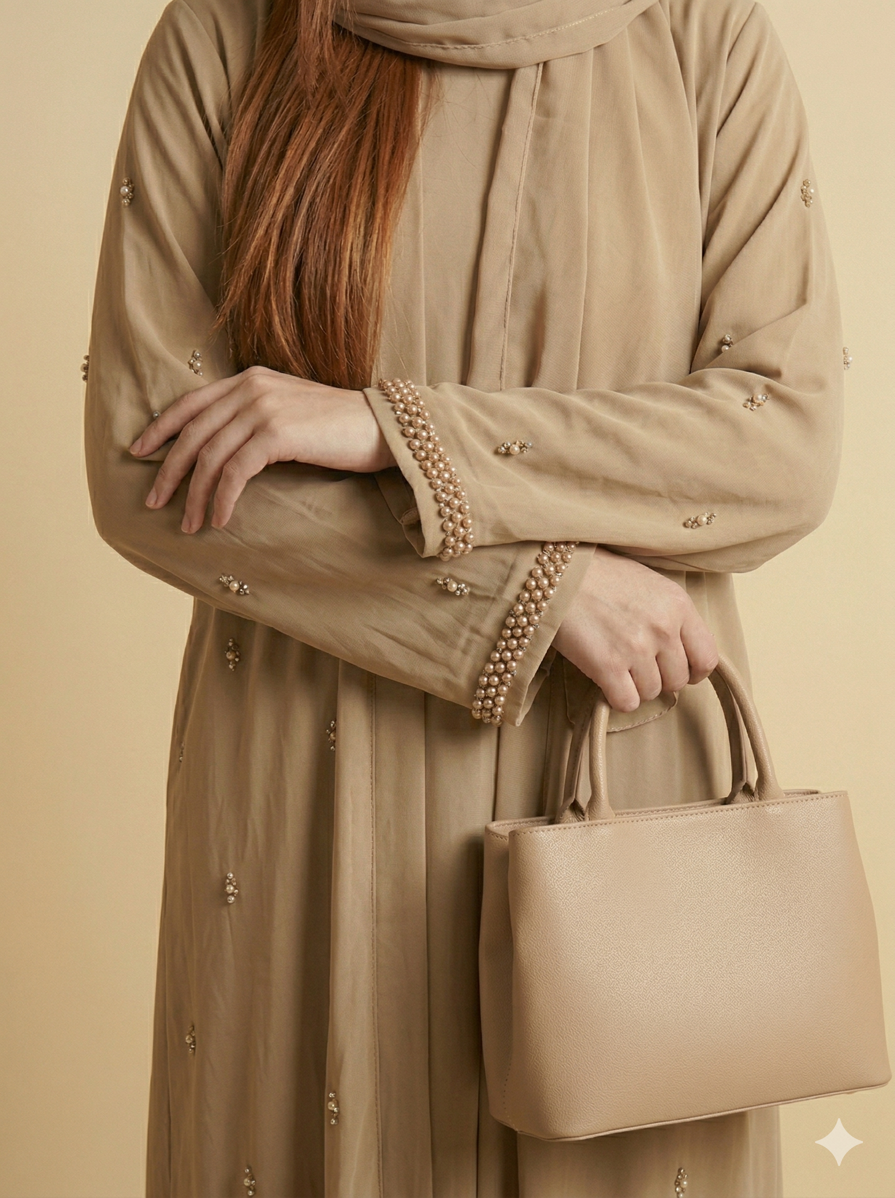 Warm Beige Pearl Embellished Open Abaya Close View
