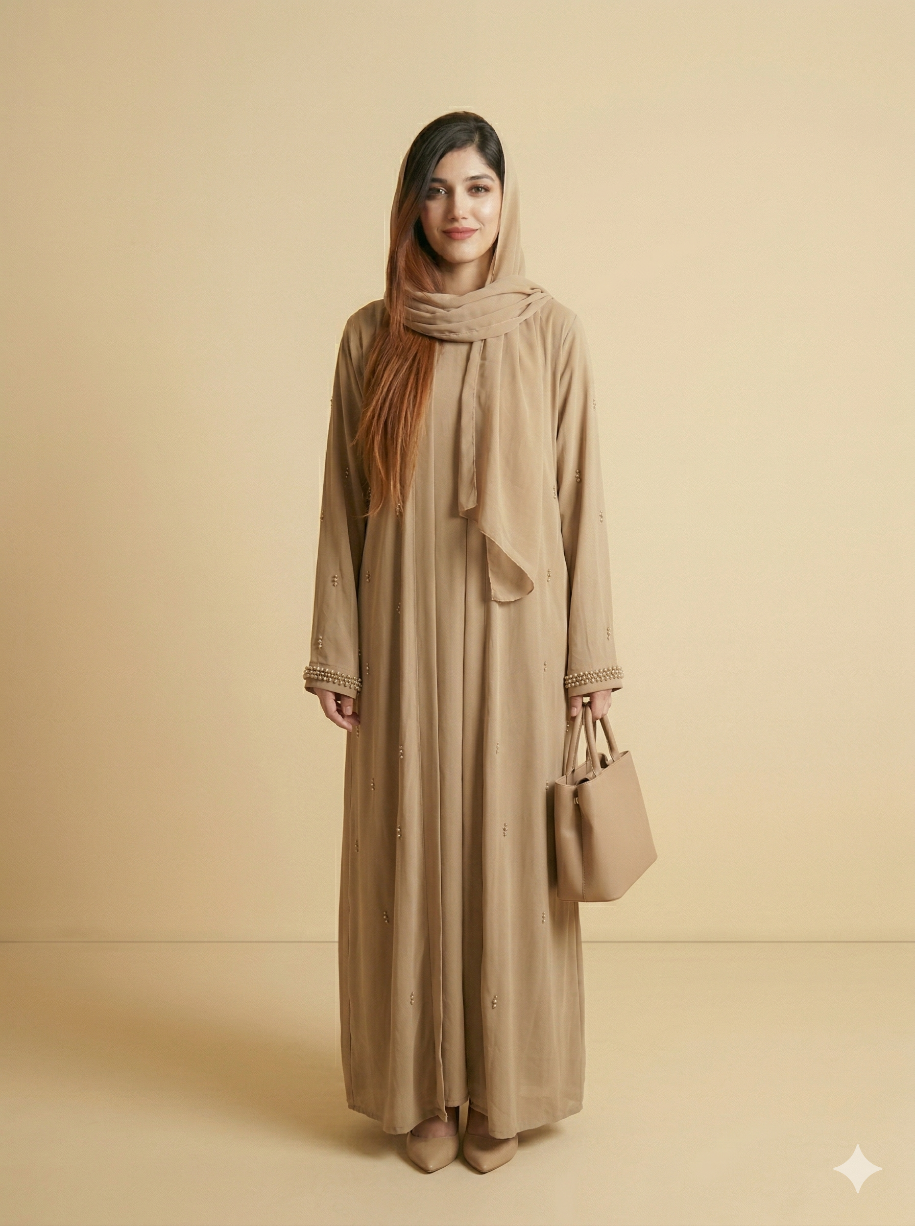Warm Beige Pearl Embellished Open Abaya Front View